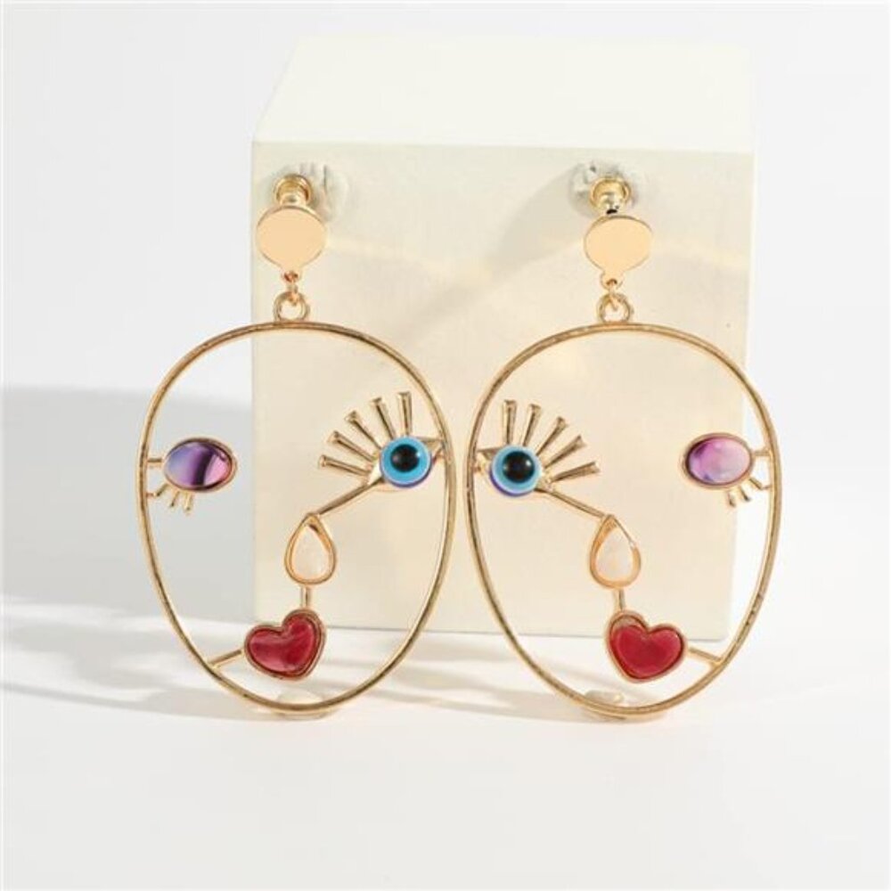 Vintage Abstract Face Earrings | Gold Alloy Art Earrings | Modern Minimalist Sta